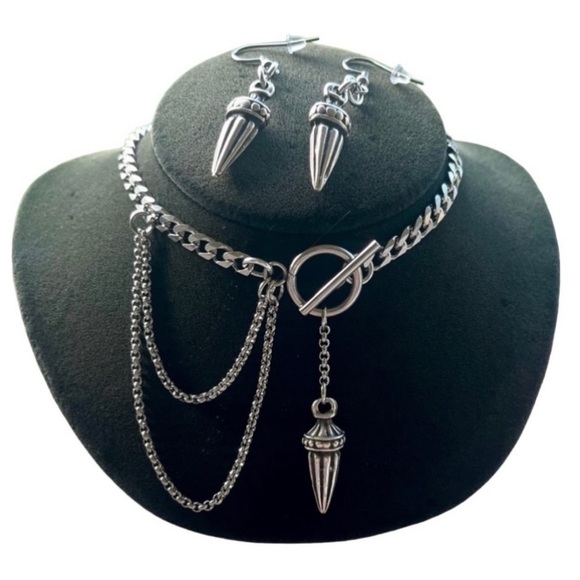 Cuban chain stainless steel with dangly spikes gothic charm choker necklace set - Picture 1 of 9